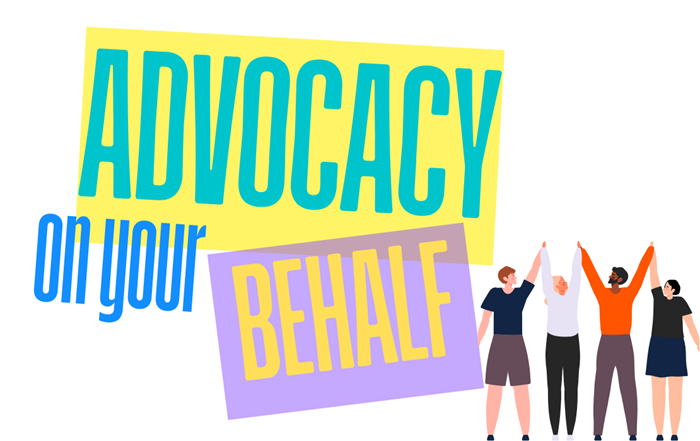 leg-advo-vote-1110x700 Advocacy on your behalf with an illustration of 4 people raising hands together.