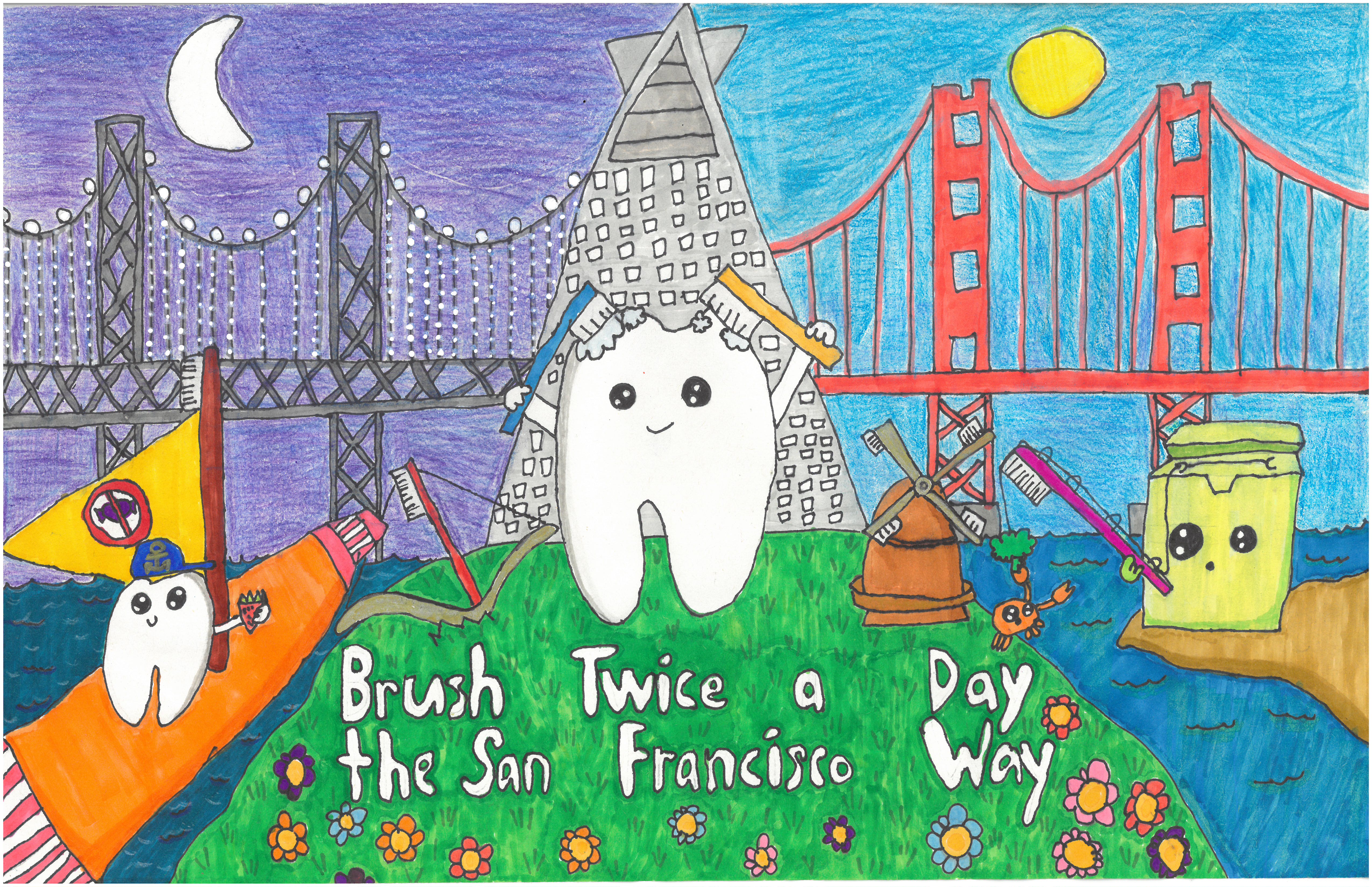Brush Twice a Day the San Francisco Way with child's artwork drawing of teeth, San Francisco, toothbrush