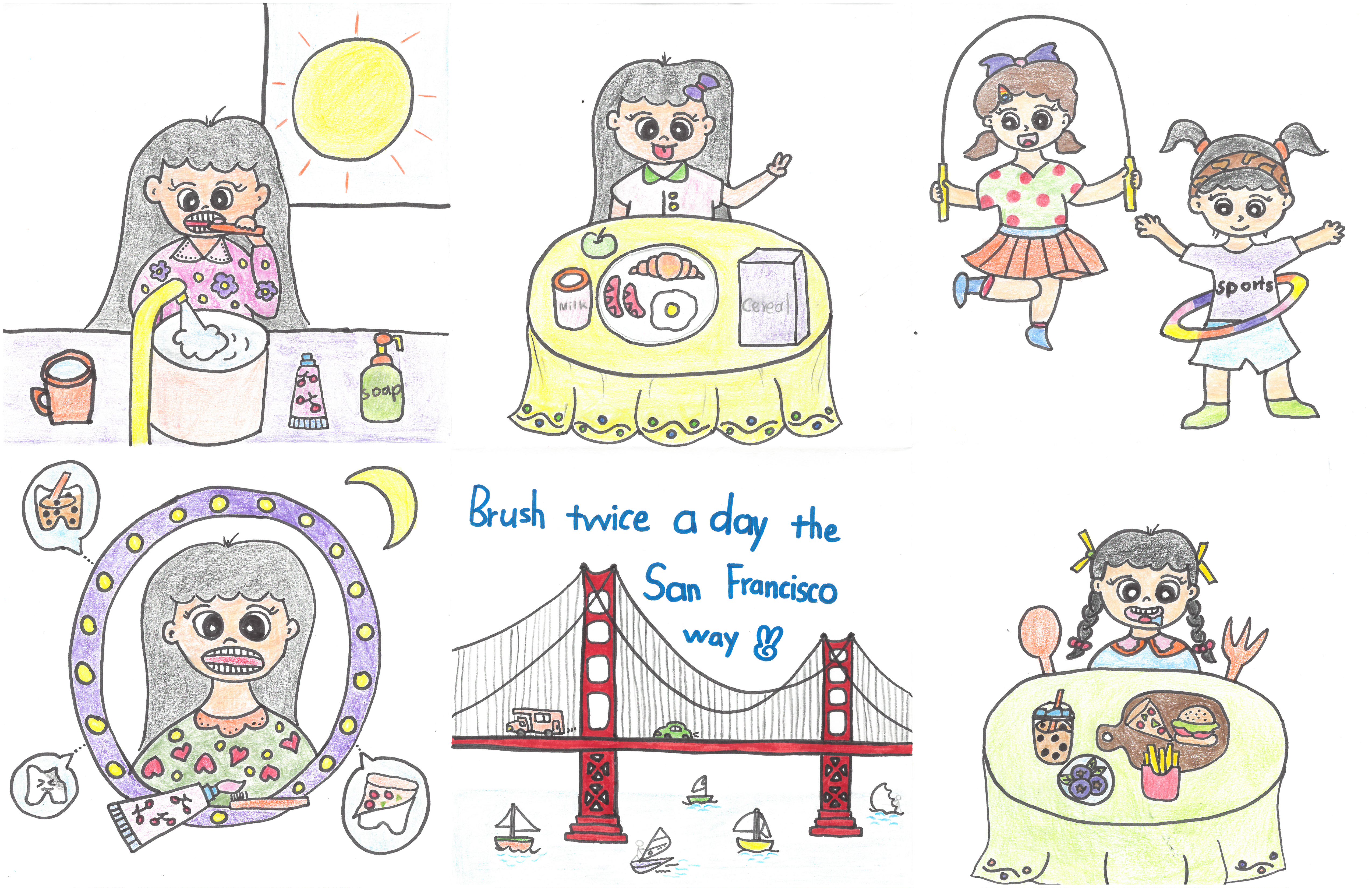 Brush Twice a Day the San Francisco Way with child's artwork drawing of teeth, San Francisco, toothbrush